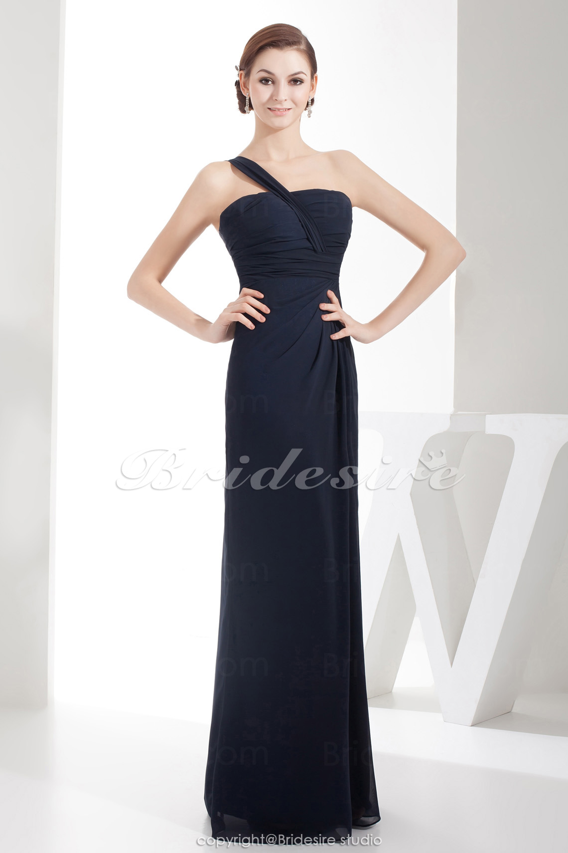 Sheath/Column One Shoulder Floor-length Sleeveless Chiffon Bridesmaid Dress - Thumbnail 2