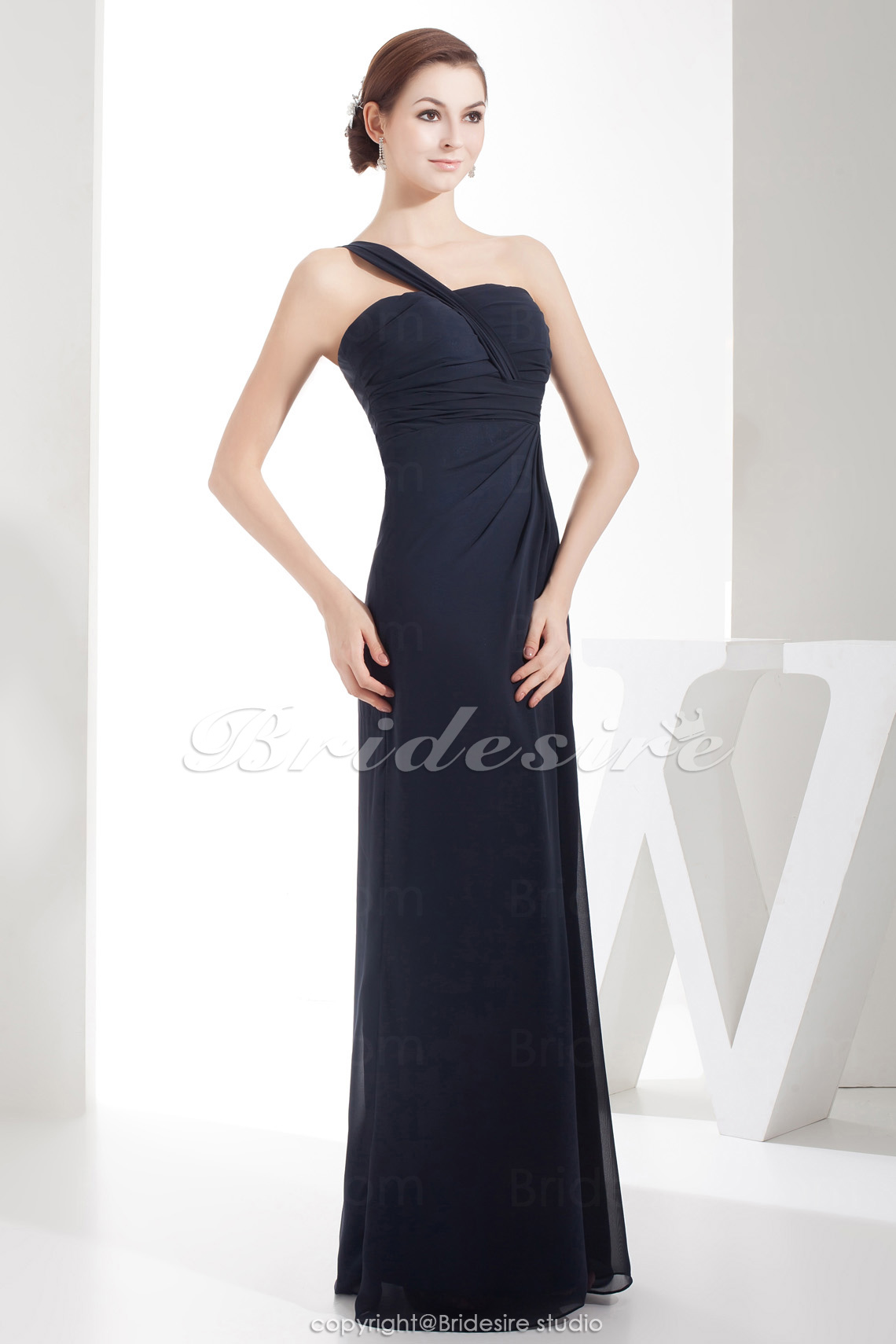 Sheath/Column One Shoulder Floor-length Sleeveless Chiffon Bridesmaid Dress - Thumbnail 4