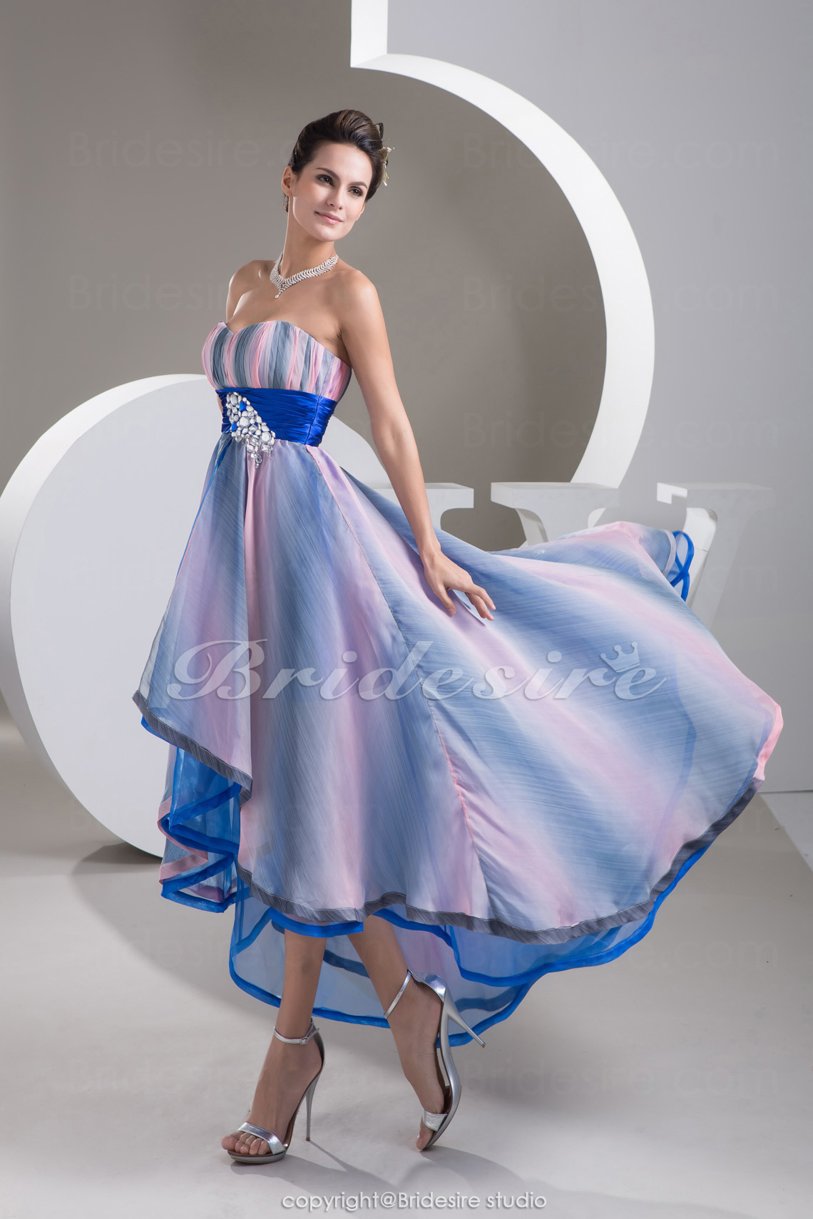 A-Linie Herz-Ausschnitt Asymmetrisch ärmellos Stretch-Satin Chiffon Kleid - Thumbnail 2