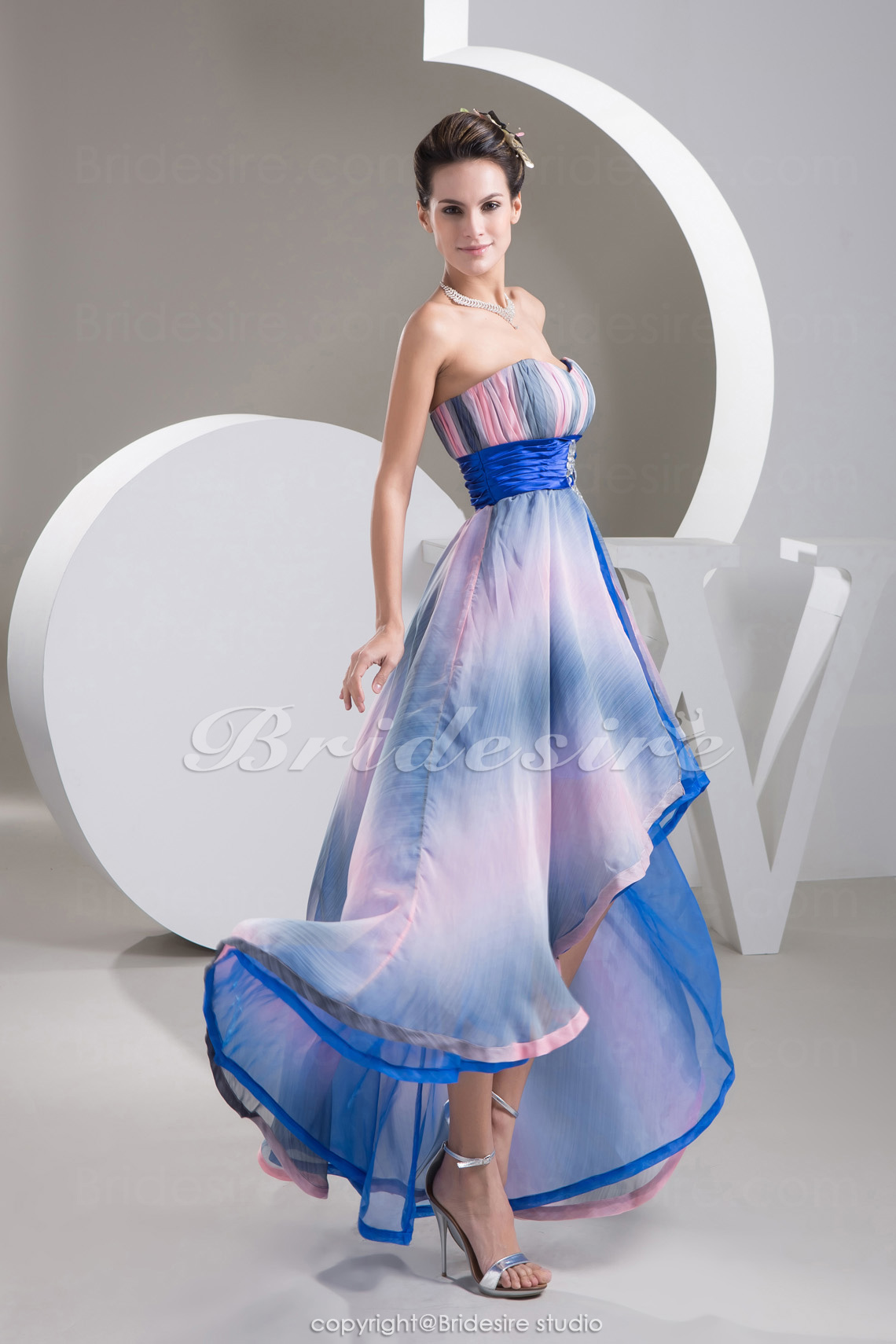 A-Linie Herz-Ausschnitt Asymmetrisch ärmellos Stretch-Satin Chiffon Kleid - Thumbnail 3