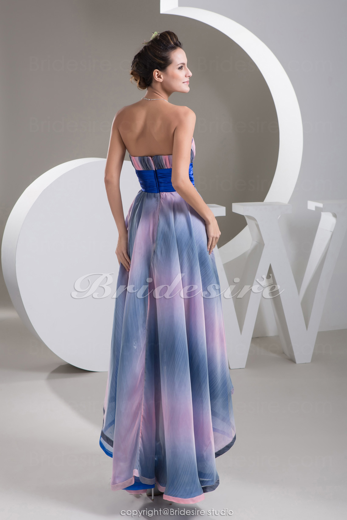 A-Linie Herz-Ausschnitt Asymmetrisch ärmellos Stretch-Satin Chiffon Kleid - Thumbnail 7