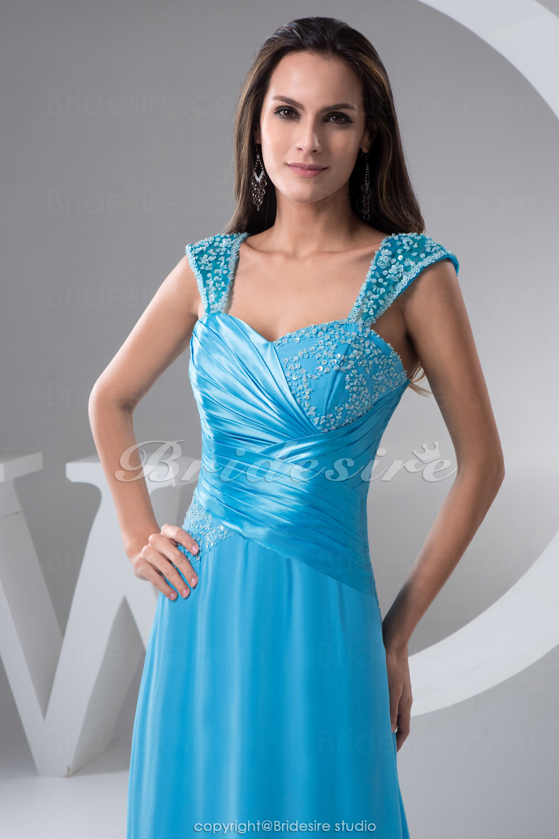 A-line Sweetheart Floor-length Short Sleeve Chiffon Satin Dress - Thumbnail 2