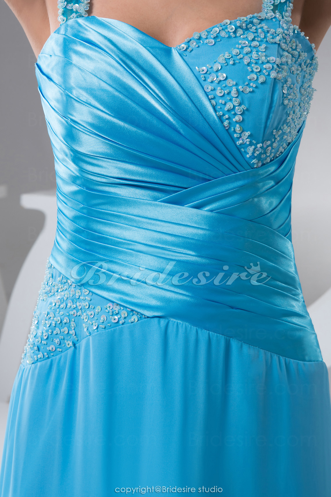 A-line Sweetheart Floor-length Short Sleeve Chiffon Satin Dress - Thumbnail 3