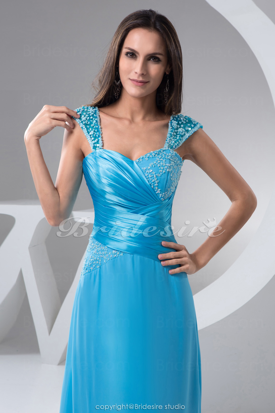 A-line Sweetheart Floor-length Short Sleeve Chiffon Satin Dress - Thumbnail 4