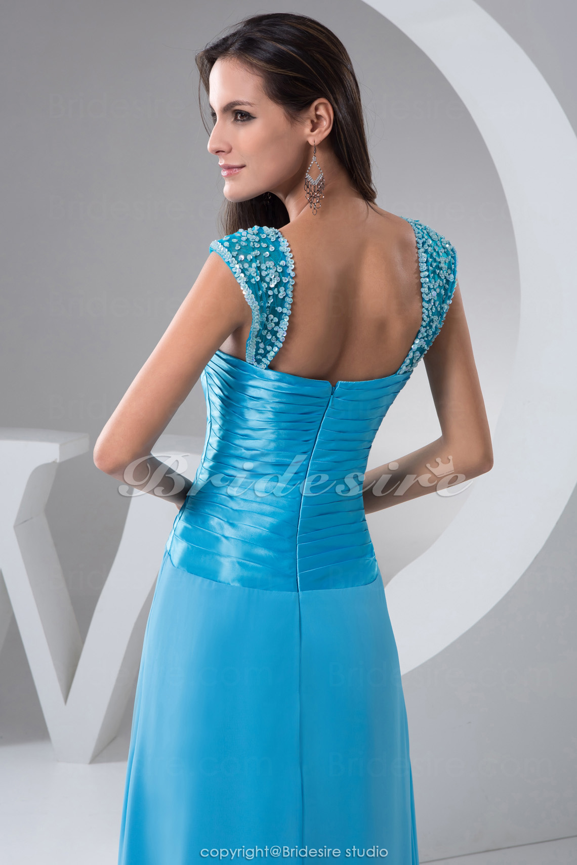 A-line Sweetheart Floor-length Short Sleeve Chiffon Satin Dress - Thumbnail 6