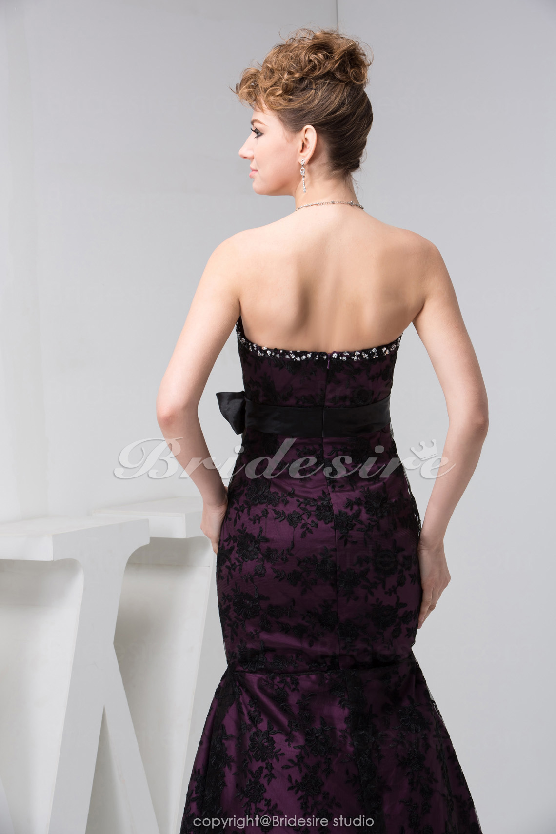 Trompet/zeemeermin Strapless Vloer Lengte Mouwloos Satijn Kant Galajurk - Thumbnail 6
