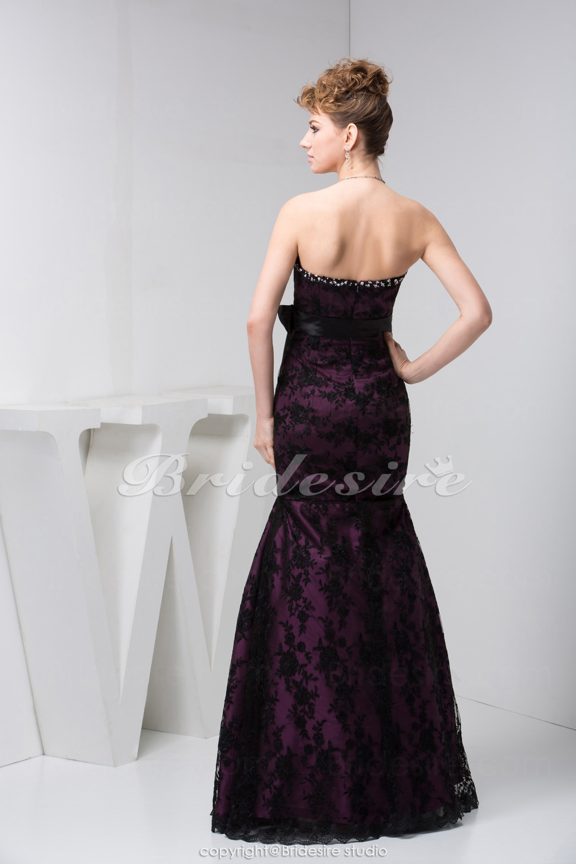 Trompet/zeemeermin Strapless Vloer Lengte Mouwloos Satijn Kant Galajurk - Thumbnail 7