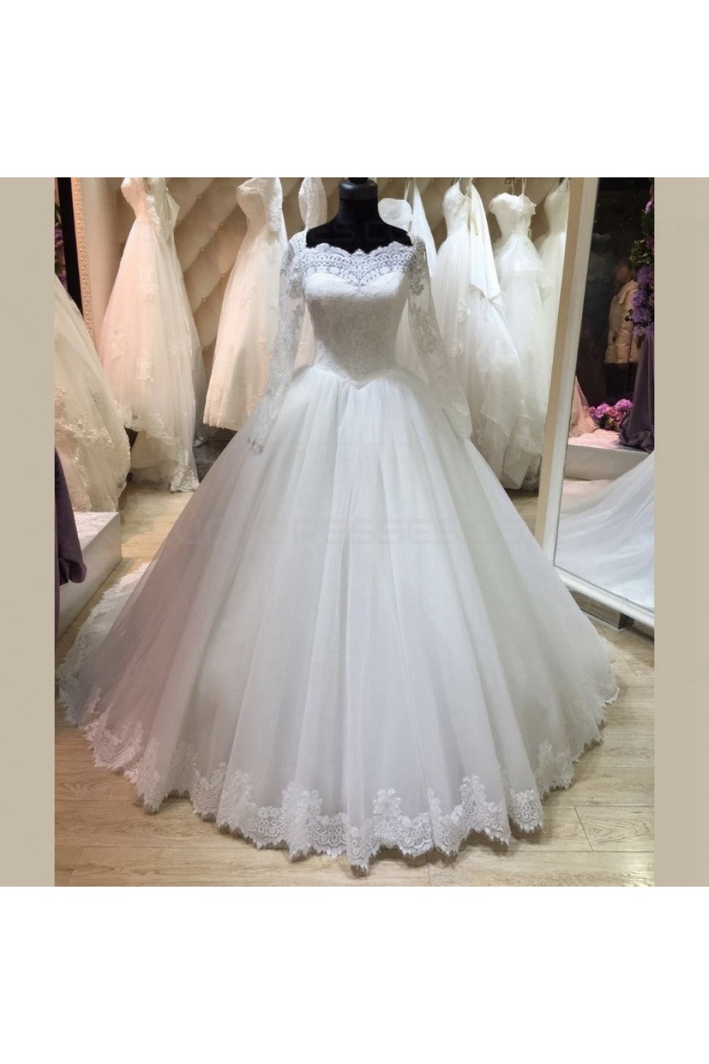 Ball Gown Square Long Sleeve Tulle Wedding Dress - Thumbnail 2
