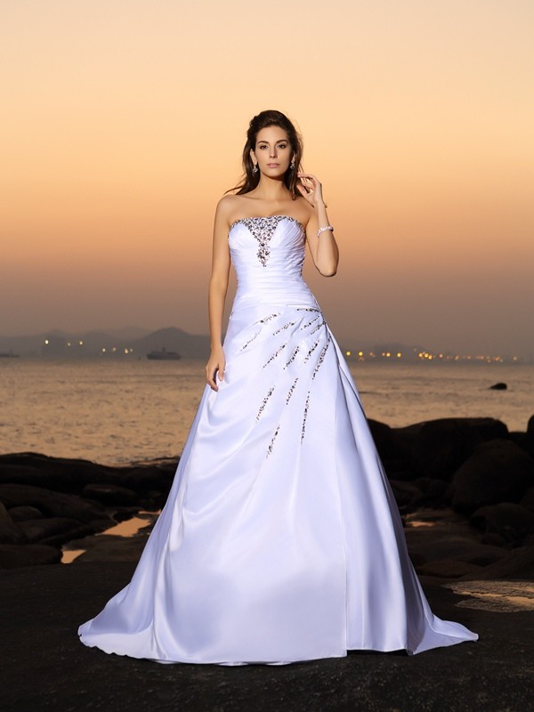A-line Strapless Sleeveless Satin Wedding Dress