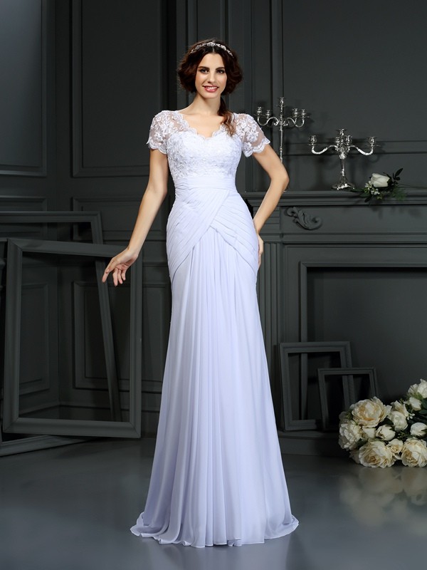 Sheath/Column V-neck Short Sleeve Chiffon Wedding Dress