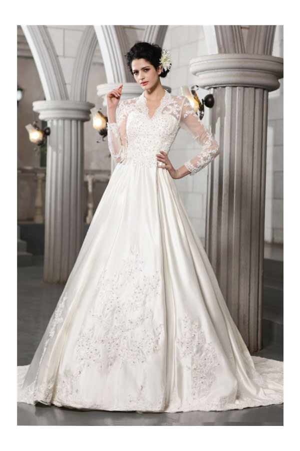 A-line Col en V Manche longue Satin