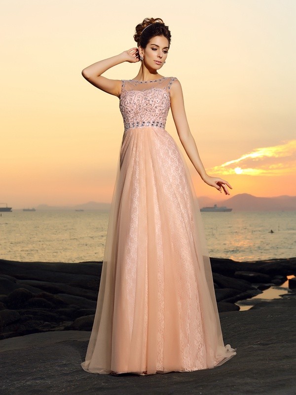 A-line Col bateau Sans manches Dentelle Robe de fête