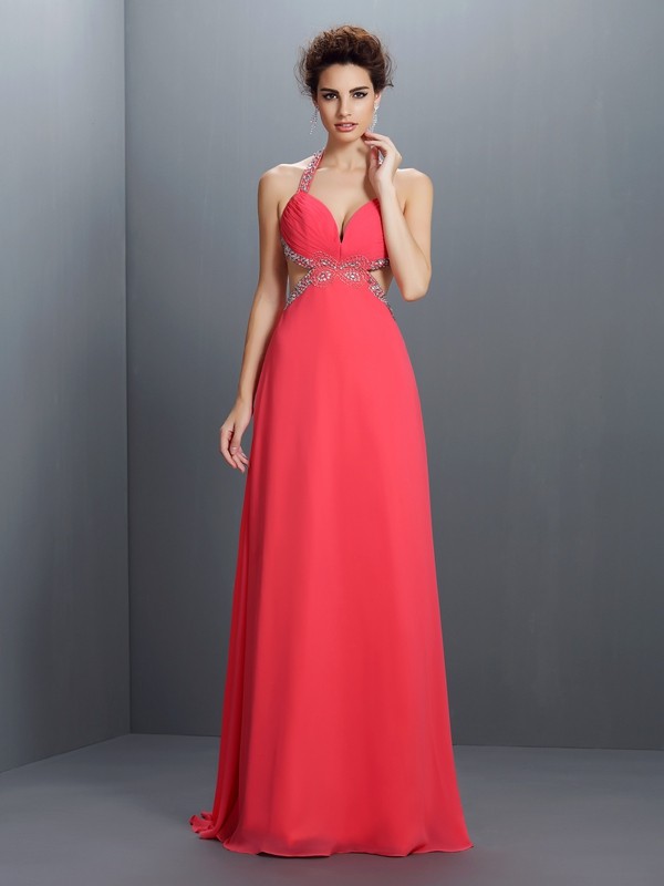 Corte A Escote Halter Sin Mangas Gasa Vestido