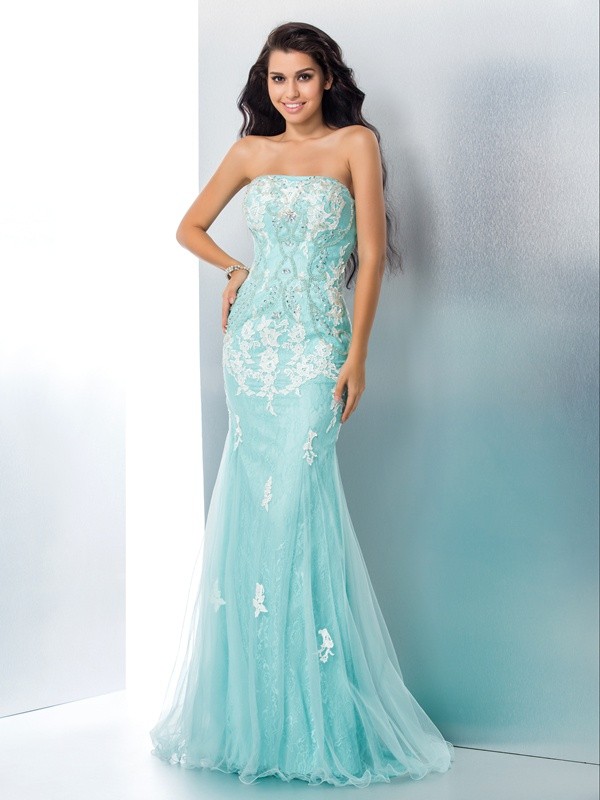 Corte Sirena Strapless Sin Mangas Encaje Vestido