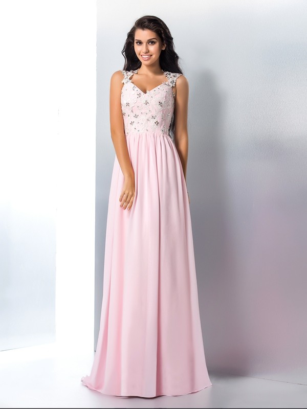 A-Linie V-Ausschnitt ärmellos Chiffon Kleid