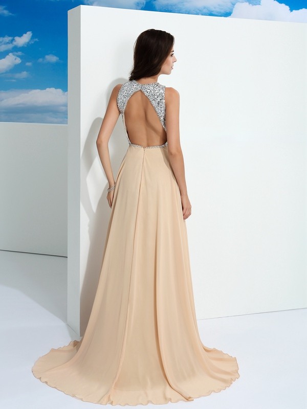 A-Lijn Hoge Neck Mouwloos Chiffon Galajurk - Thumbnail 2