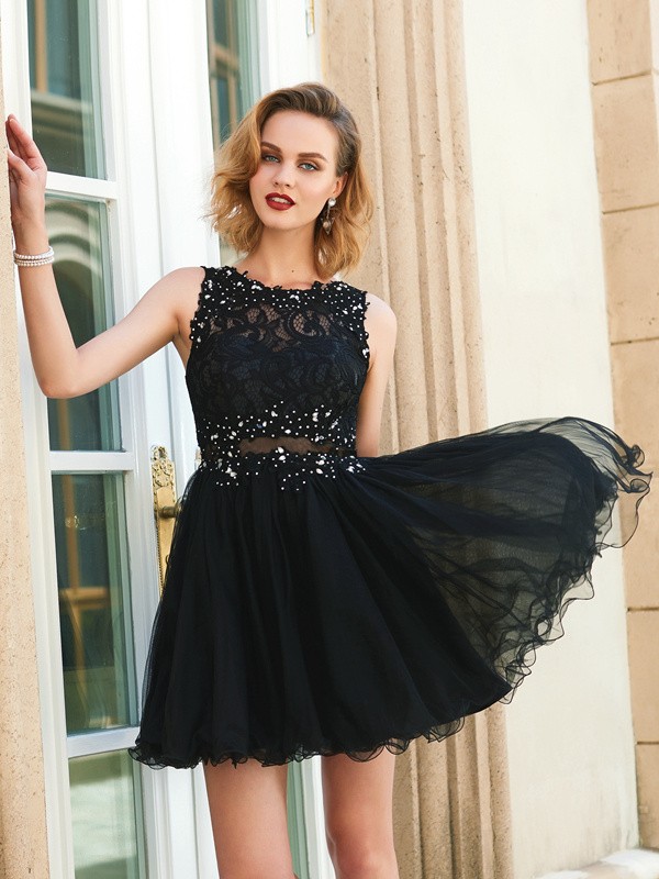 A-line Col ras du cou Sans manches Tulle Robe