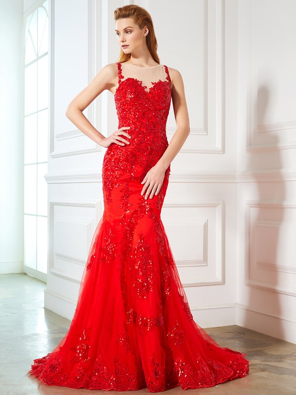 Corte Sirena Escote Barco Sin Mangas Tul Vestido