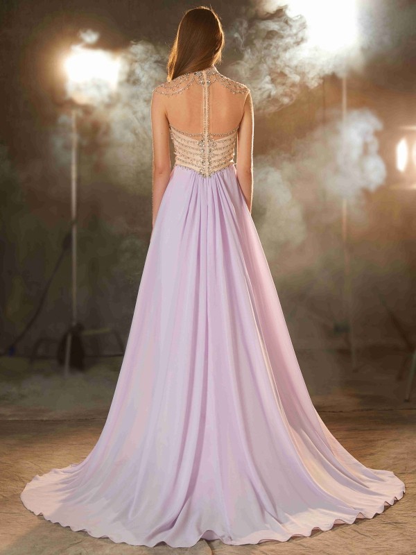 A-Lijn Hoge Neck Mouwloos Chiffon Galajurk - Thumbnail 2