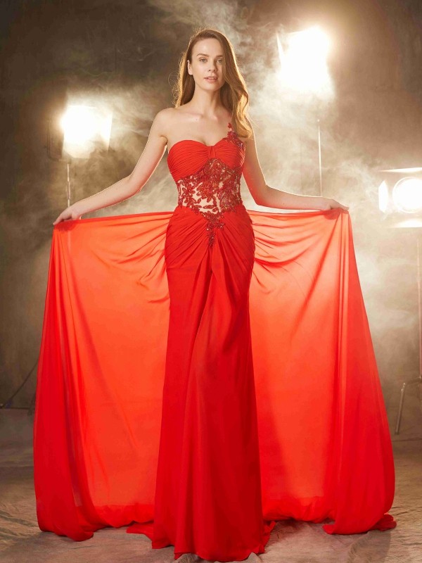 Schede/Kolom Een schouder Mouwloos Chiffon Avondjurk