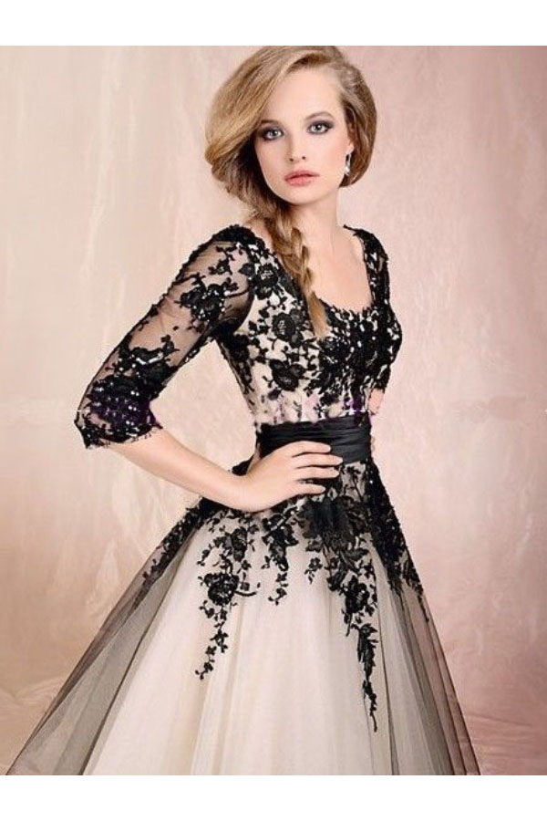 A-line Col U profond La moitié des manches Tulle Robe de Soirée