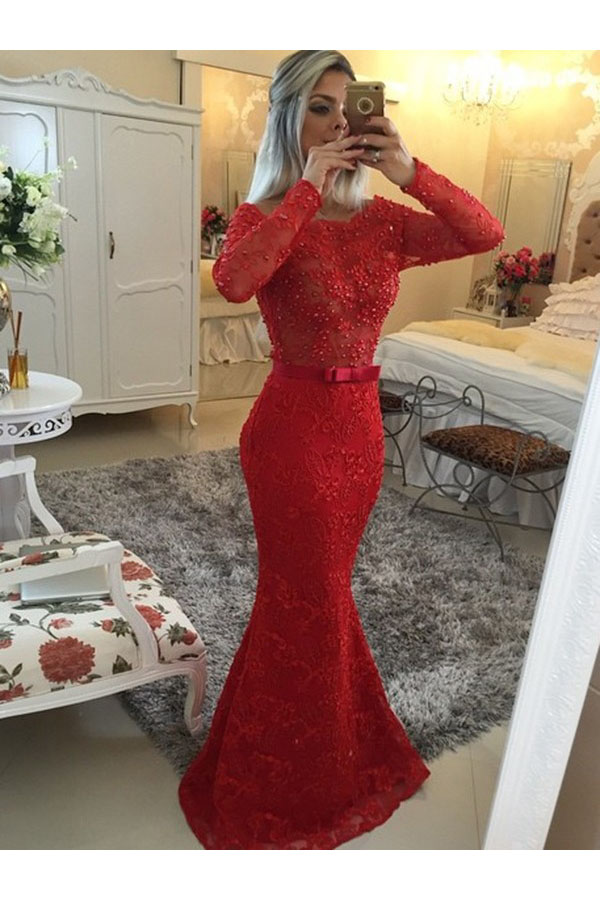 Corte Sirena Escote A la Base Manga Larga Encaje Vestido