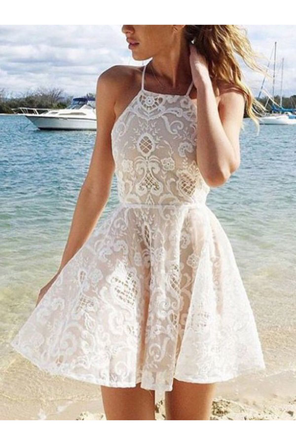 A-line Halter Sleeveless Lace Dress