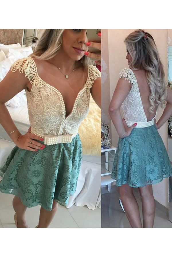 Corte A Escote en V Sin Mangas Encaje Vestido de cóctel