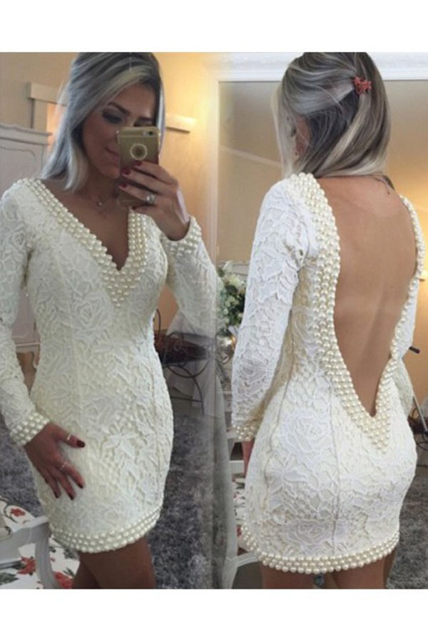 Corte Recto Escote en V Manga Larga Encaje Vestido