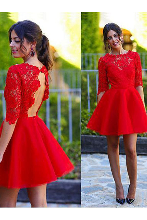 A-line Col U profond La moitié des manches Dentelle Robe