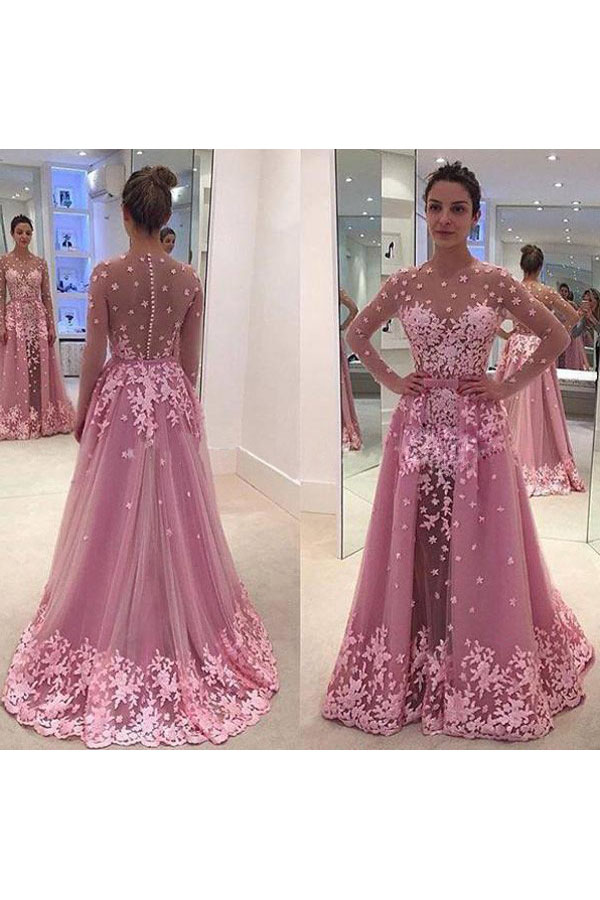 A-Linie U-Ausschnitt Lange Ärmel Tülle Kleid