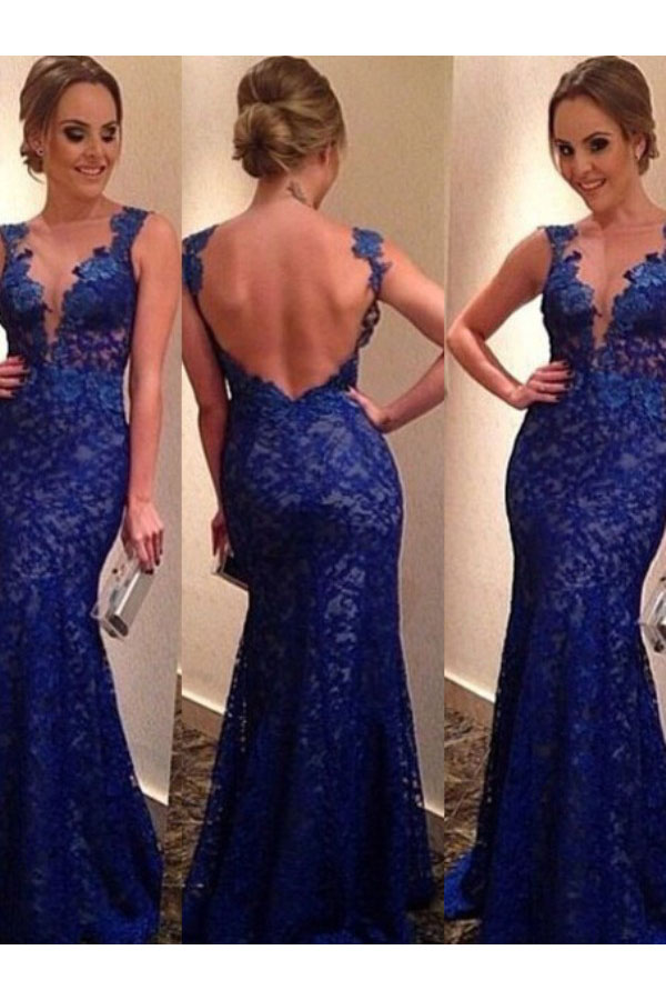 Meerjungfrau-Linie / Mermaid-Stil V-Ausschnitt ärmellos Spitzen Abendkleid