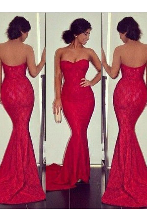 Corte Sirena Escote Corazón Sin Mangas Encaje Vestido