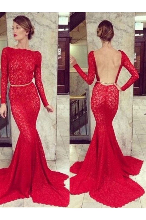 Corte Sirena Escote Barco Manga Larga Encaje Vestido