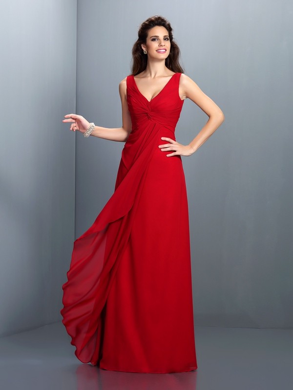 A-Linie V-Ausschnitt ärmellos Chiffon Brautjungfernkleid