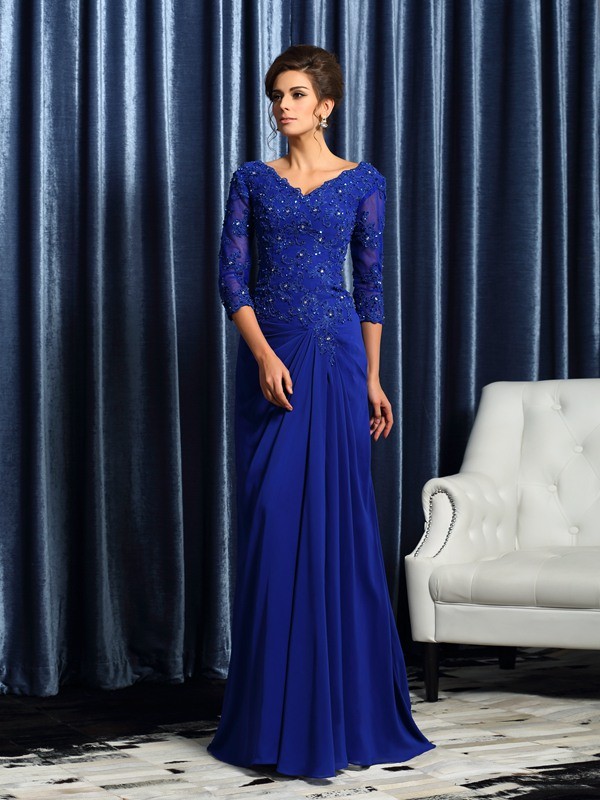 A-line V-neck 3/4 Length Sleeve Chiffon Mother of the Bride Dress