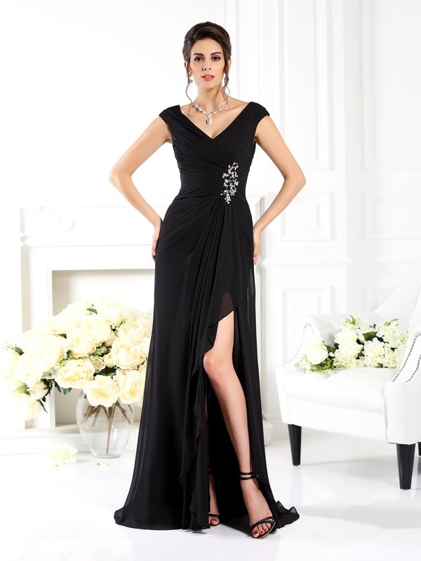 A-linje V-hals Ermeløs Chiffon Kjole
