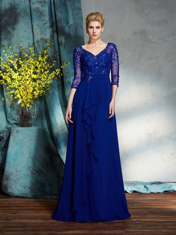 A-linje V-hals 3/4 Erme Lengde Chiffon Kjole