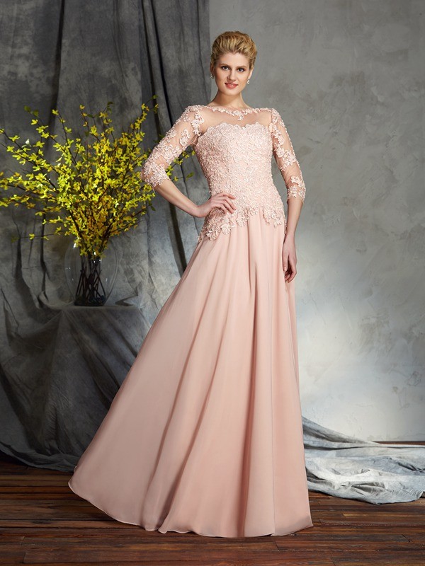A-line Col bateau Manchon de longueur de 3/4 Mousseline polyester robe de mère de mariée
