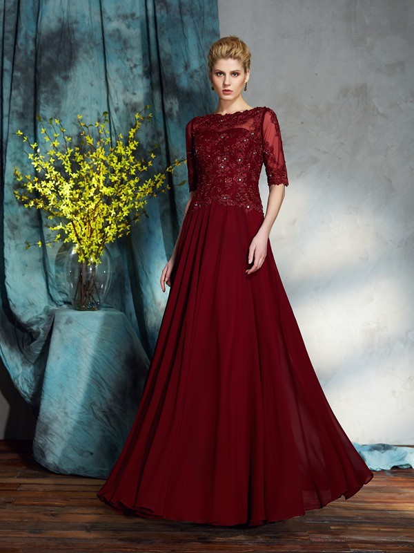 A-line Bateau Half Sleeve Chiffon Mother of the Bride Dress