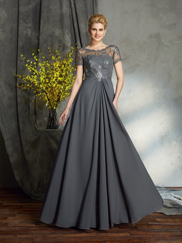 A-line Scoop Short Sleeve Chiffon Mother of the Bride Dress