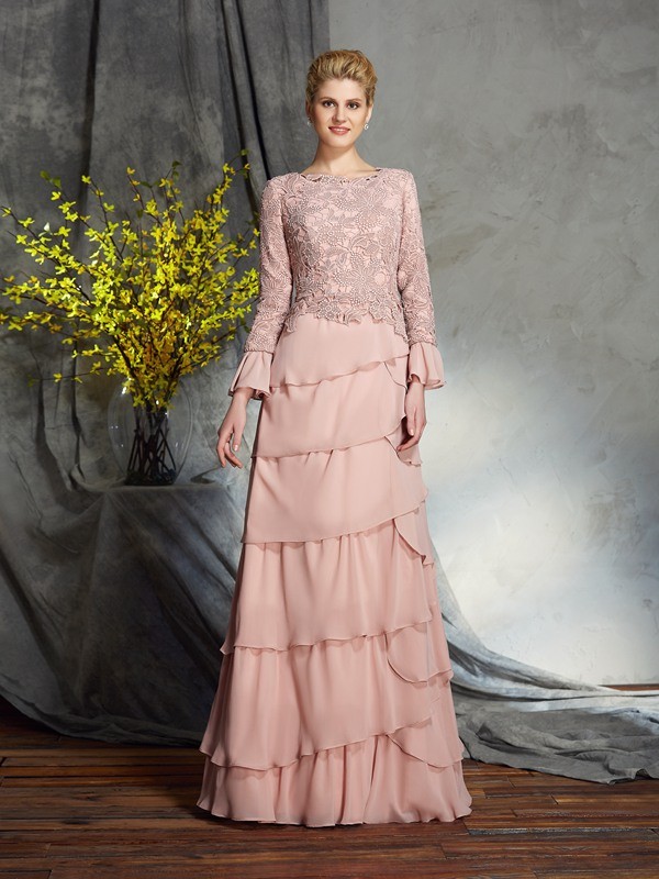 Etui-Linie/Column U-Ausschnitt Lange Ärmel Chiffon Brautmutterkleid