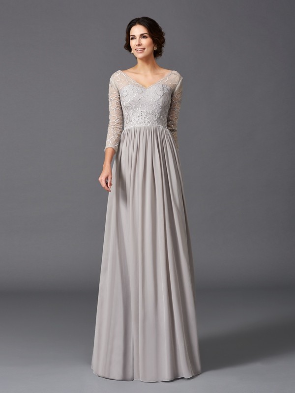 A-linje V-hals 3/4 Erme Lengde Chiffon Kjole