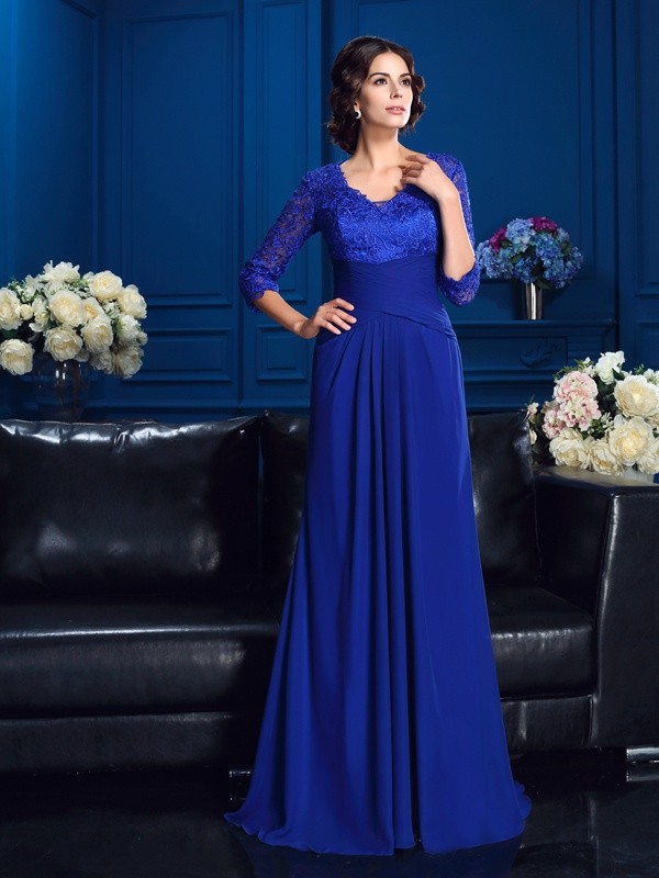 A-linje V-hals 3/4 Erme Lengde Chiffon kjole til brudens mor
