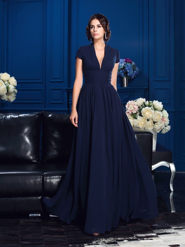 A-line V-neck Short Sleeve Chiffon Mother of the Bride Dress
