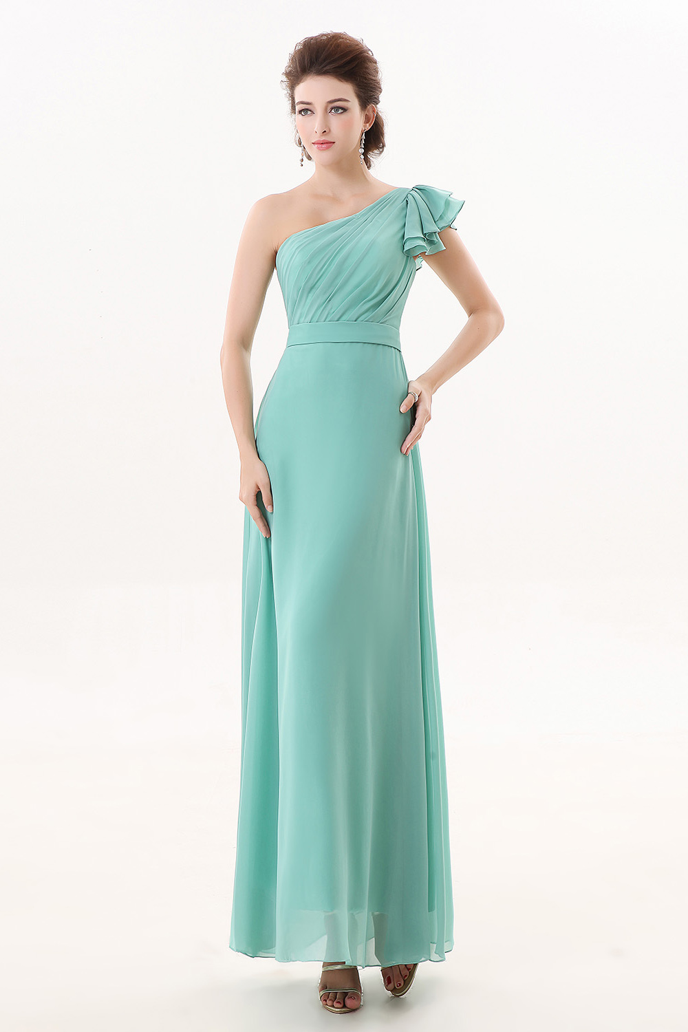 Sheath/Columnn One Shoulder Ankle-length Chiffon Bridesmaid Dress - Thumbnail 2