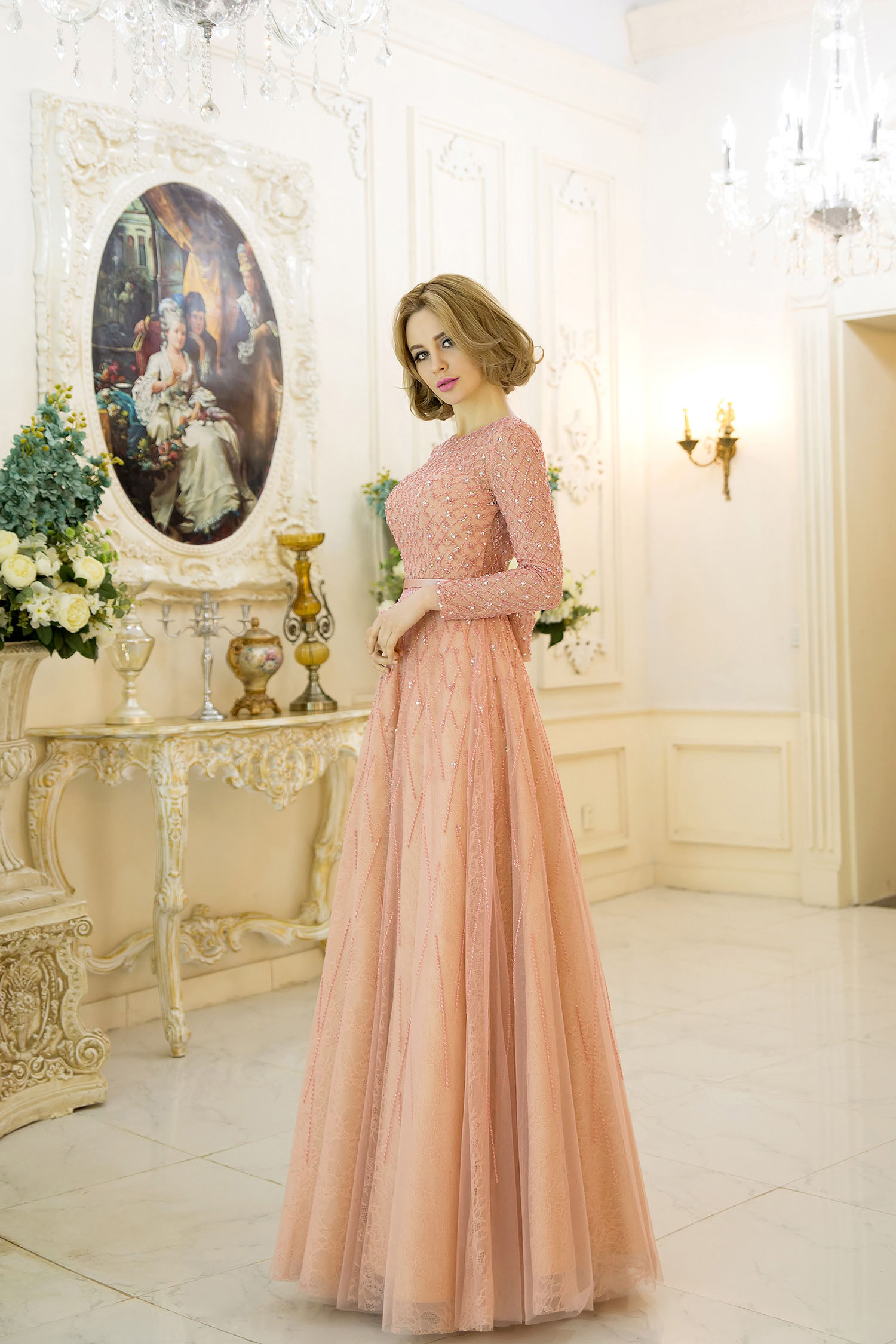 A-line Scoop Floor-length Lace Evening Dress - Thumbnail 4