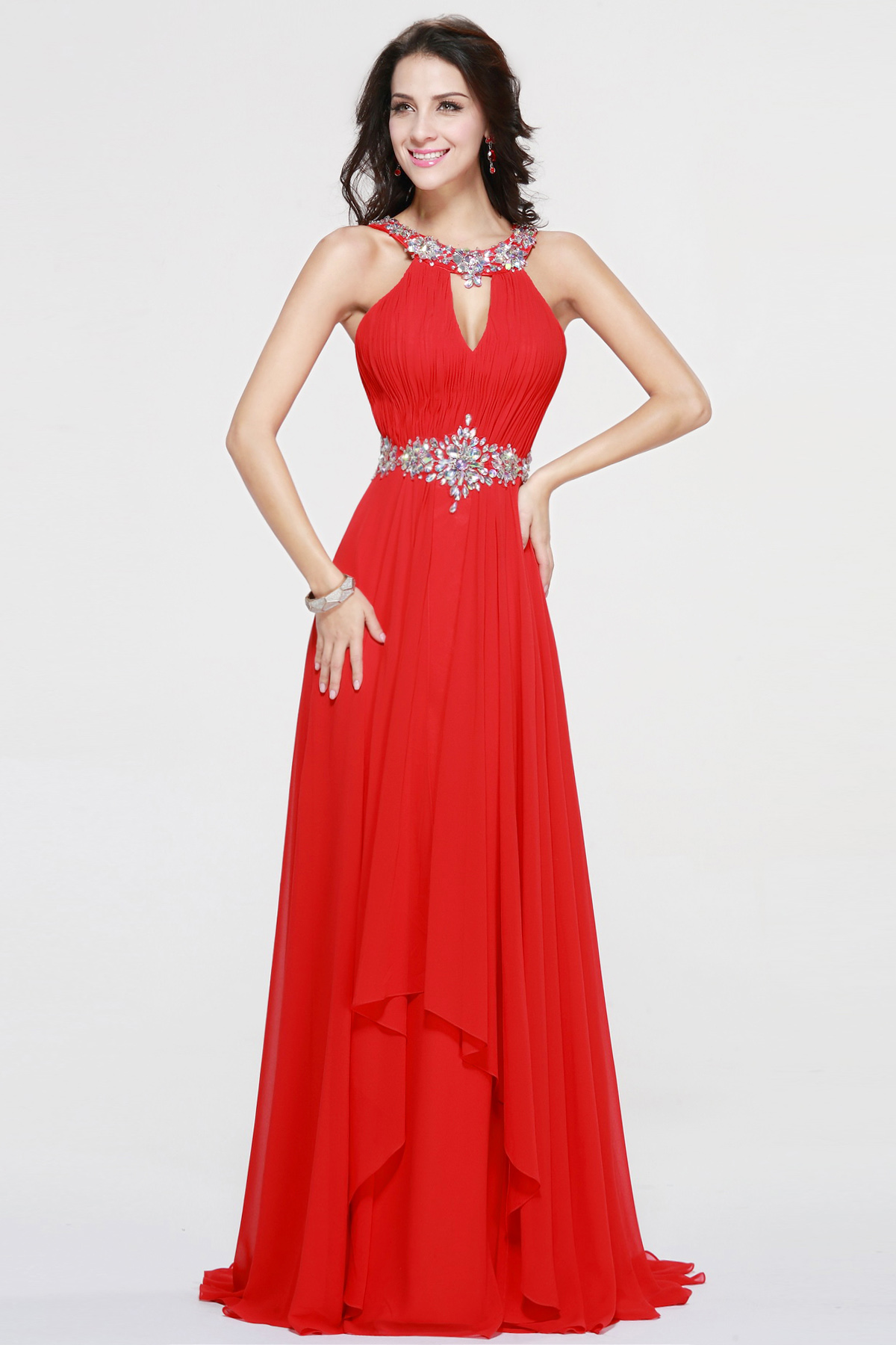 A-line Halter Sweep/Brush Train Chiffon Evening Dress - Thumbnail 2