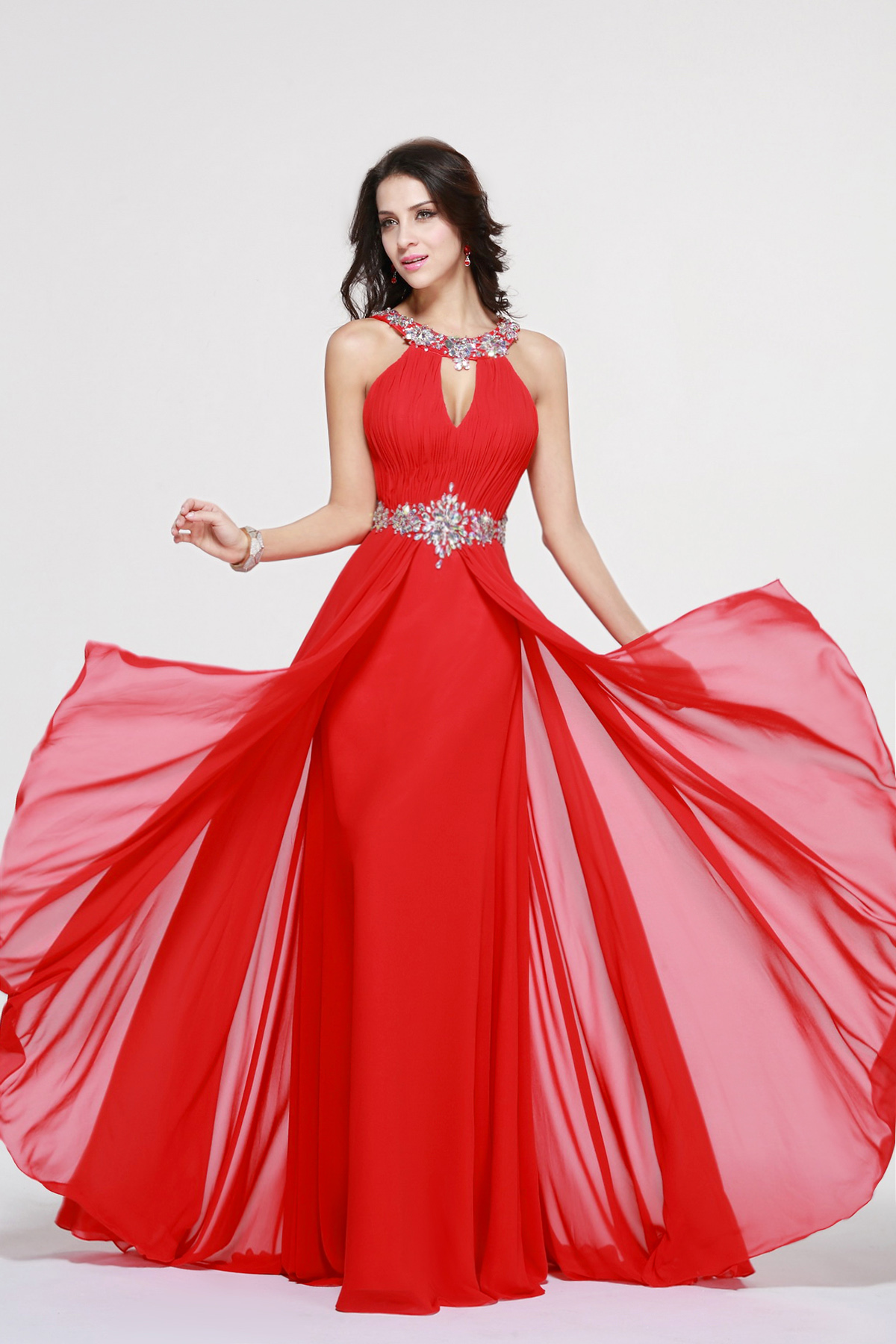 A-line Halter Sweep/Brush Train Chiffon Evening Dress - Thumbnail 3
