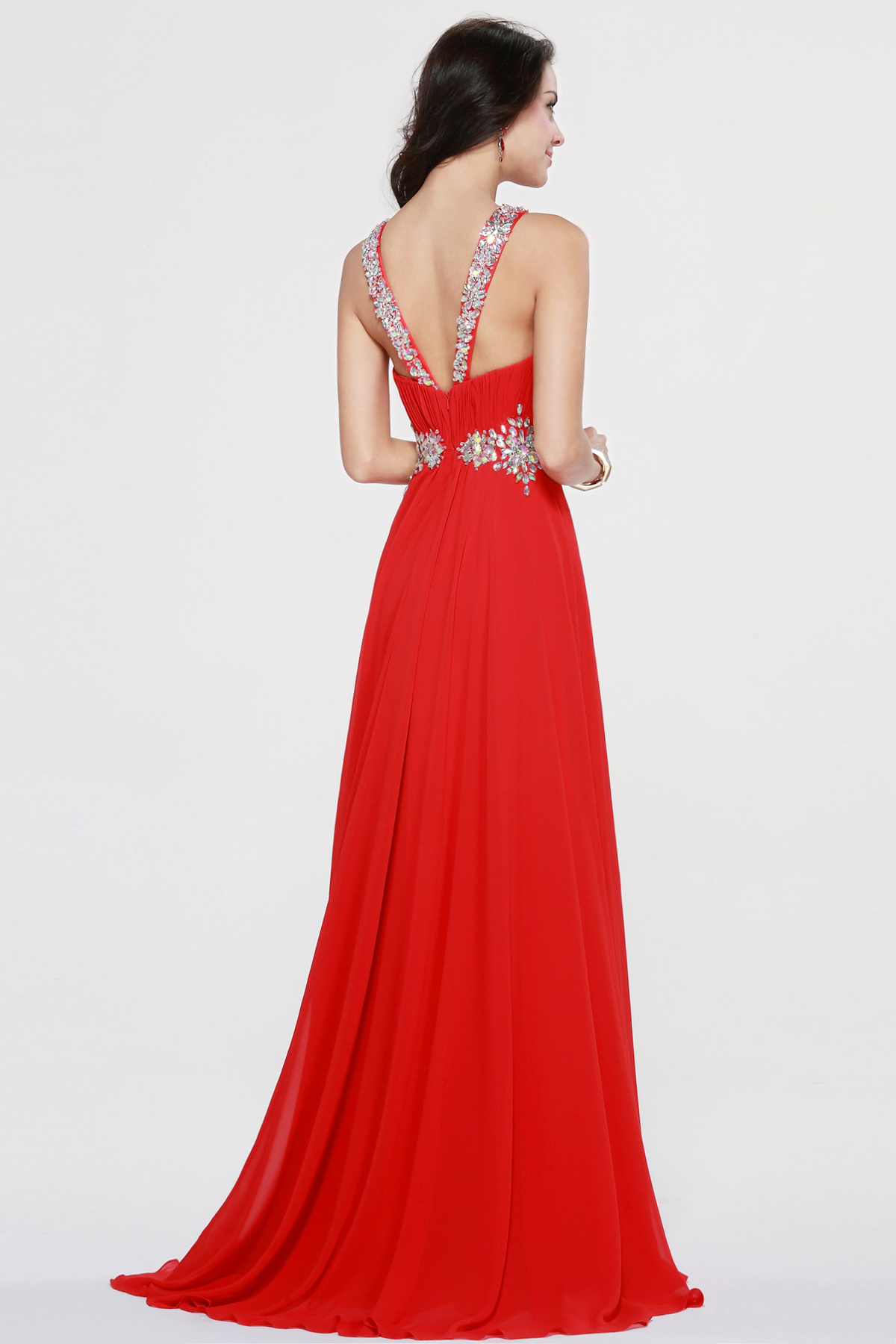 A-line Halter Sweep/Brush Train Chiffon Evening Dress - Thumbnail 4